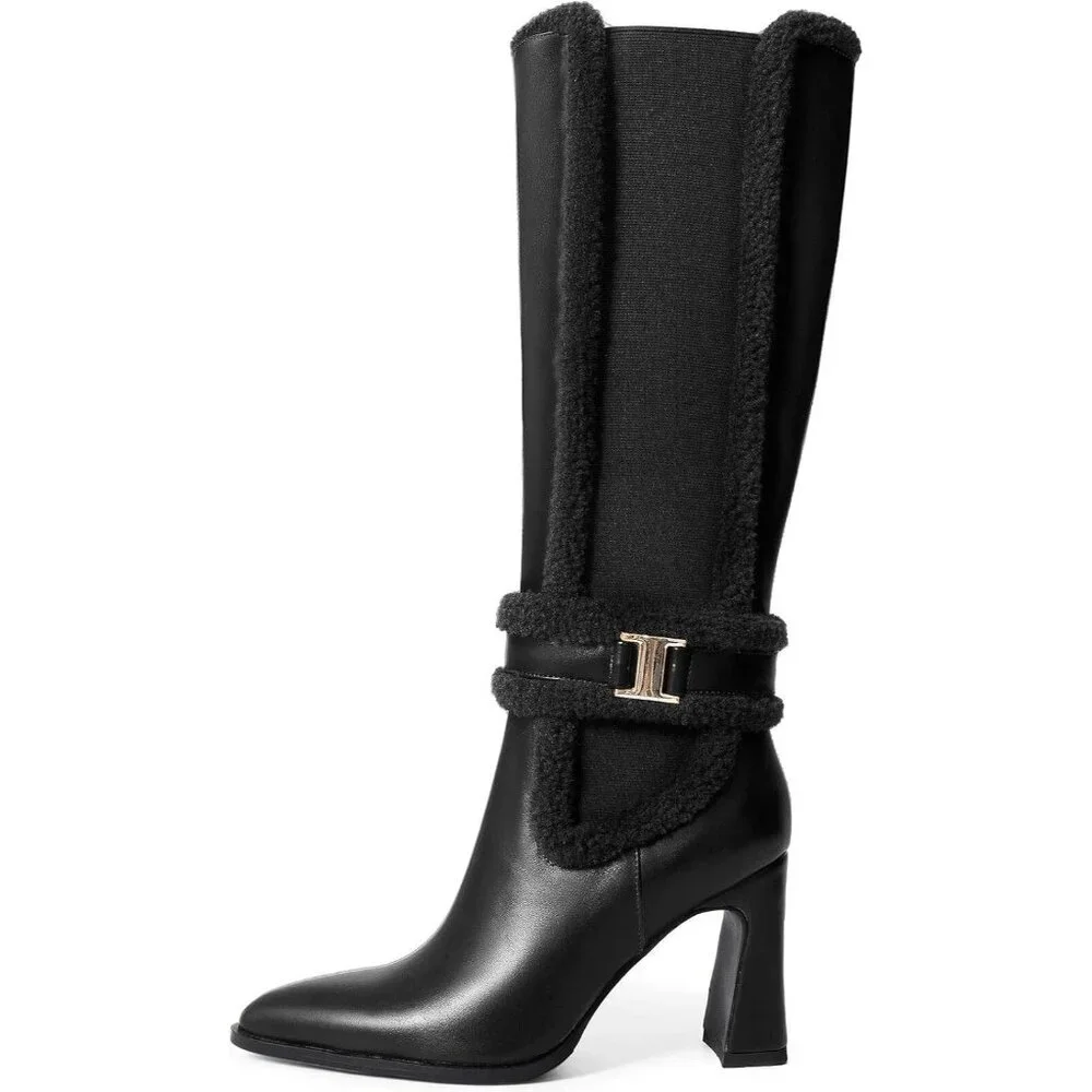 Women's Black Chunky Block High Heels Pointed Toe Winter Snow Knee High Boots